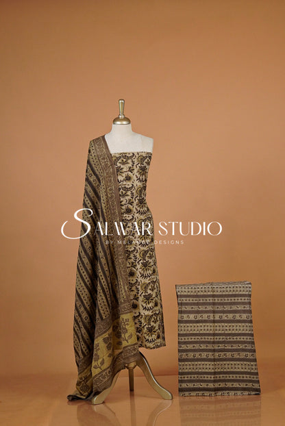 Cotton Ajrakh Unstitched Salwar Suit Material Natural Beige.