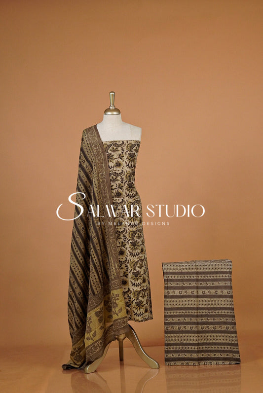 Cotton Ajrakh Unstitched Salwar Suit Material Natural Beige.