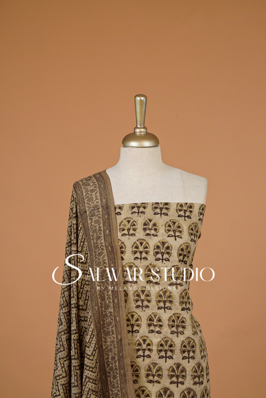 Cotton Ajrakh Unstitched Salwar Suit Material Beige Close View.