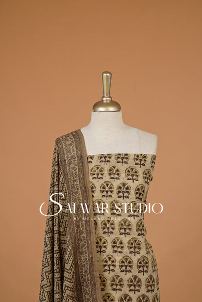 Cotton Ajrakh Unstitched Salwar Suit Material Beige Close View.