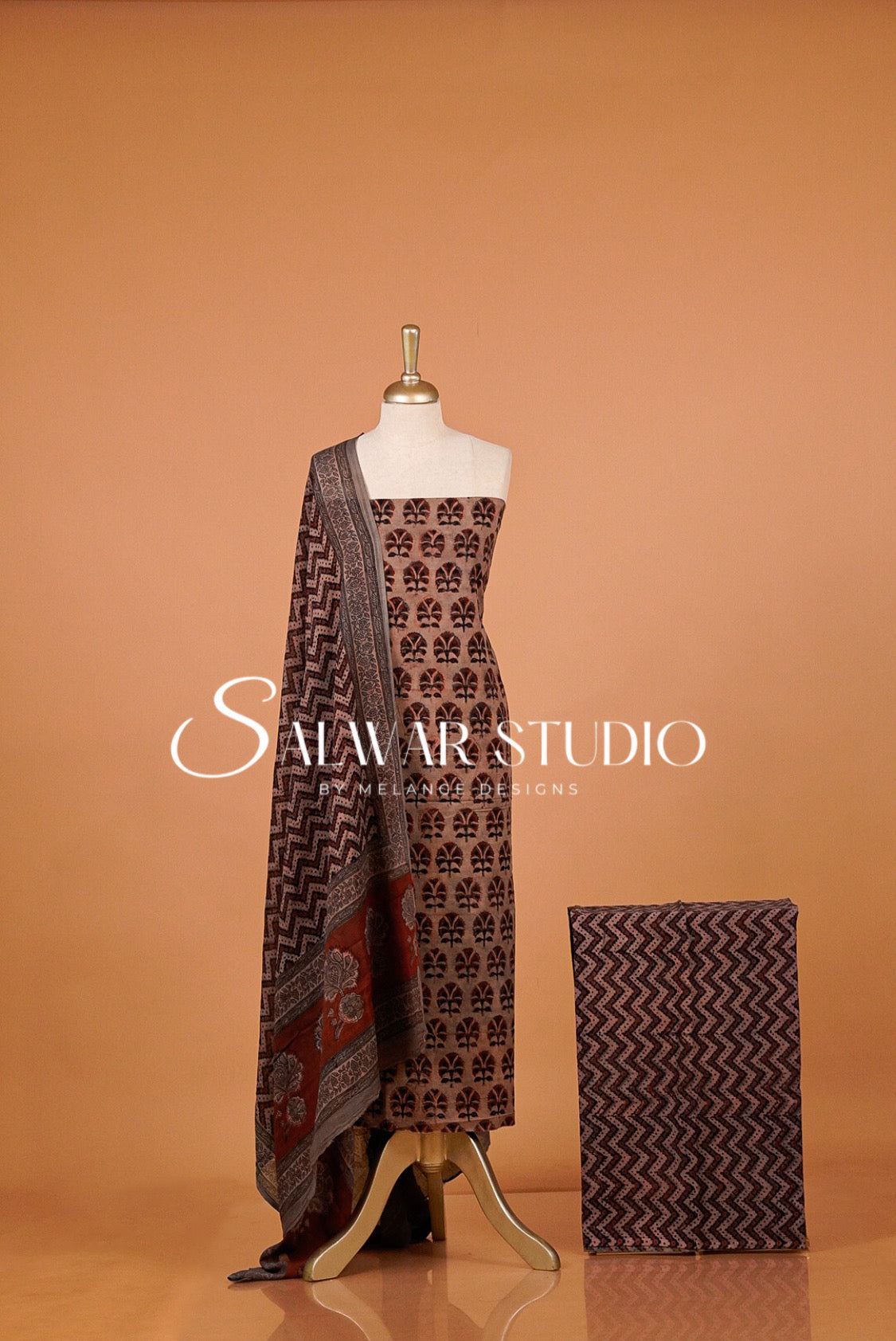 Cotton Ajrakh Unstitched Salwar Suit Material Dusty Peach–Brown.