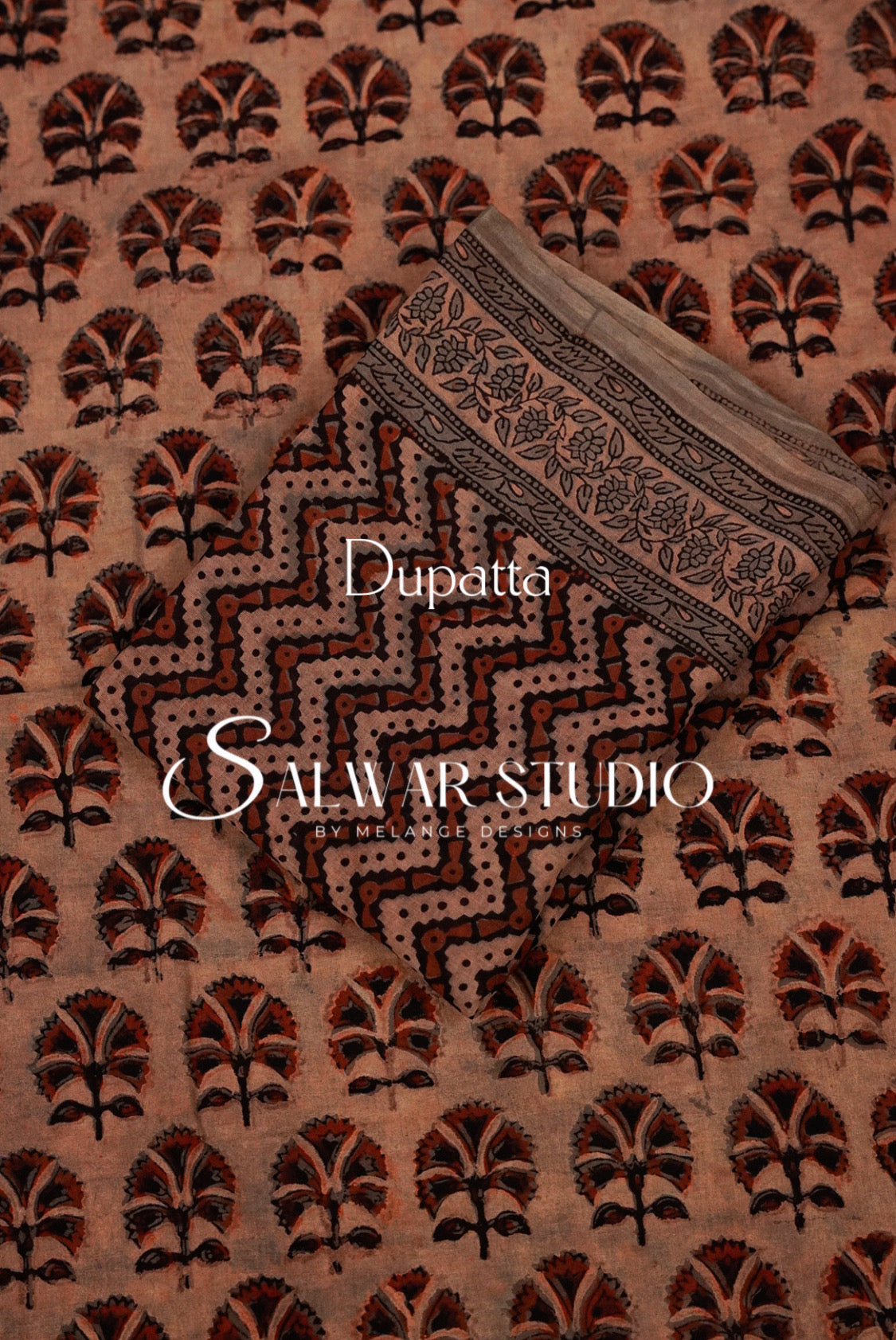 Cotton Ajrakh Unstitched Salwar Suit Material Dusty Peach–Brown Dupatta.