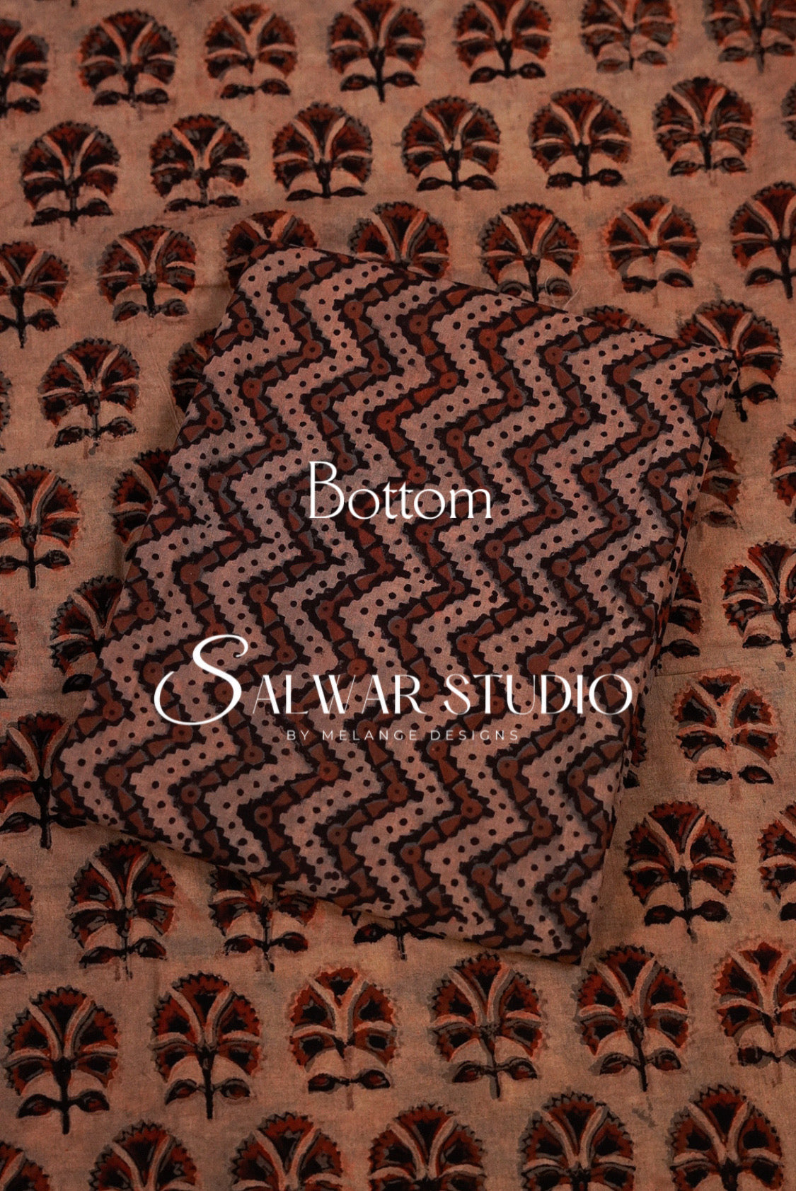 Cotton Ajrakh Unstitched Salwar Suit Material Dusty Peach–Brown Bottom.