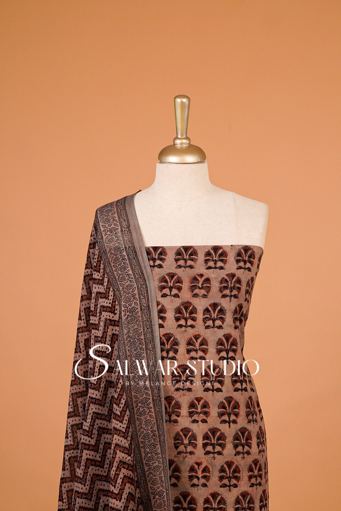 Cotton Ajrakh Unstitched Salwar Suit Material Dusty Peach–Brown Close View.