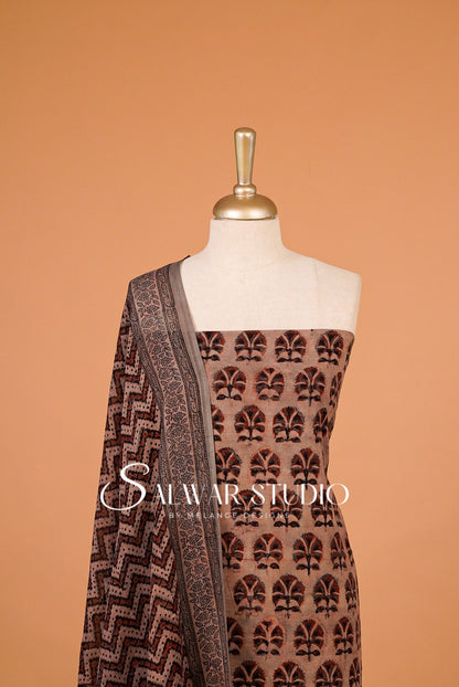 Cotton Ajrakh Unstitched Salwar Suit Material Dusty Peach–Brown Close View.