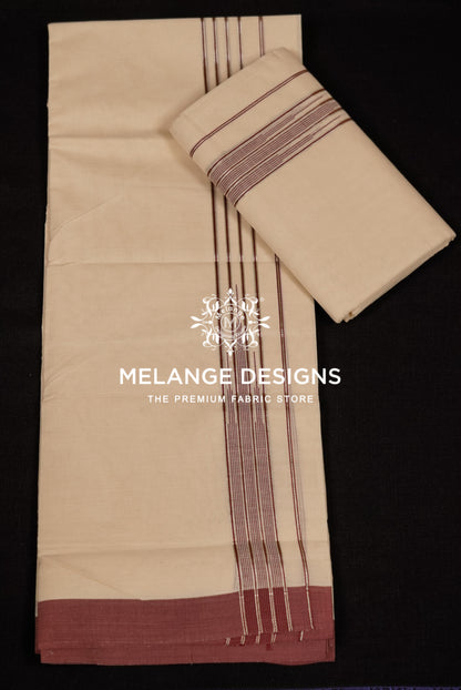 Cotton Dhoti For Men Off White with Maroon & Silver full view.