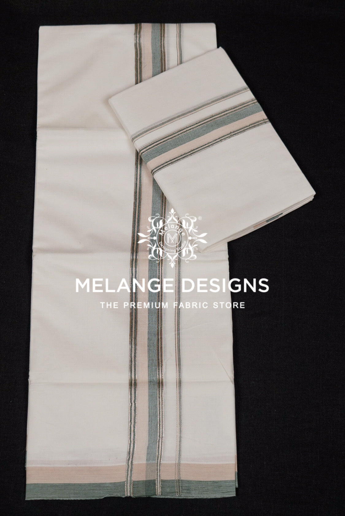 Cotton Dhoti For Men White with Sage Green full view.
