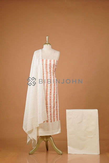 Cotton Embroidery Unstitched Salwar Suit Material Ivory White