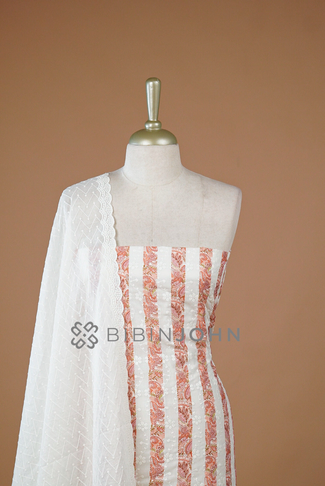 Cotton Embroidery Unstitched Salwar Suit Material Ivory White close view.