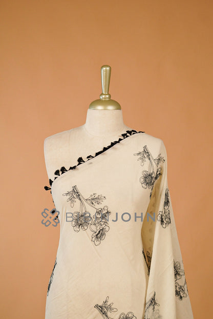 Cotton Embroidery Dupatta For Women Off White close view.