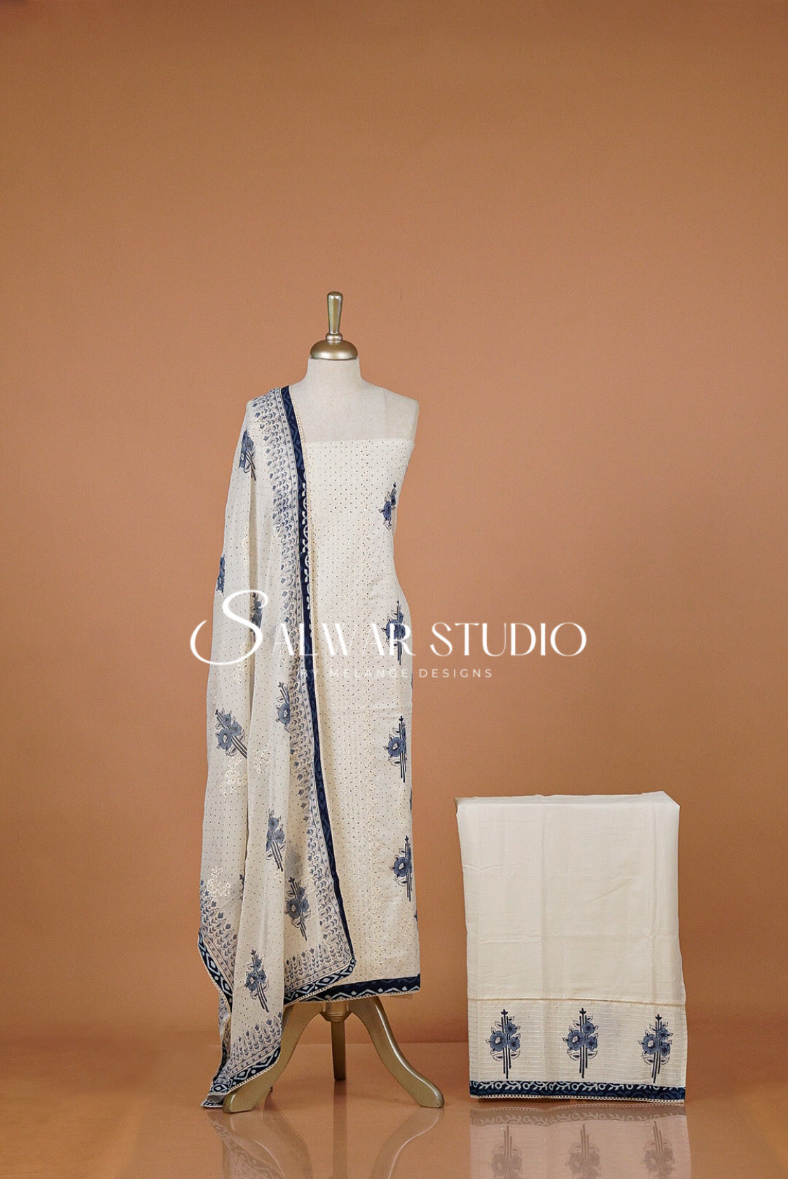 Cotton Embroidery Unstitched Salwar Suit Material White and Blue .