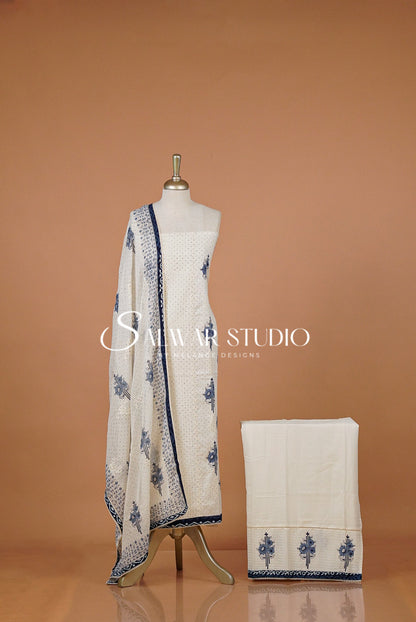 Cotton Embroidery Unstitched Salwar Suit Material White and Blue .