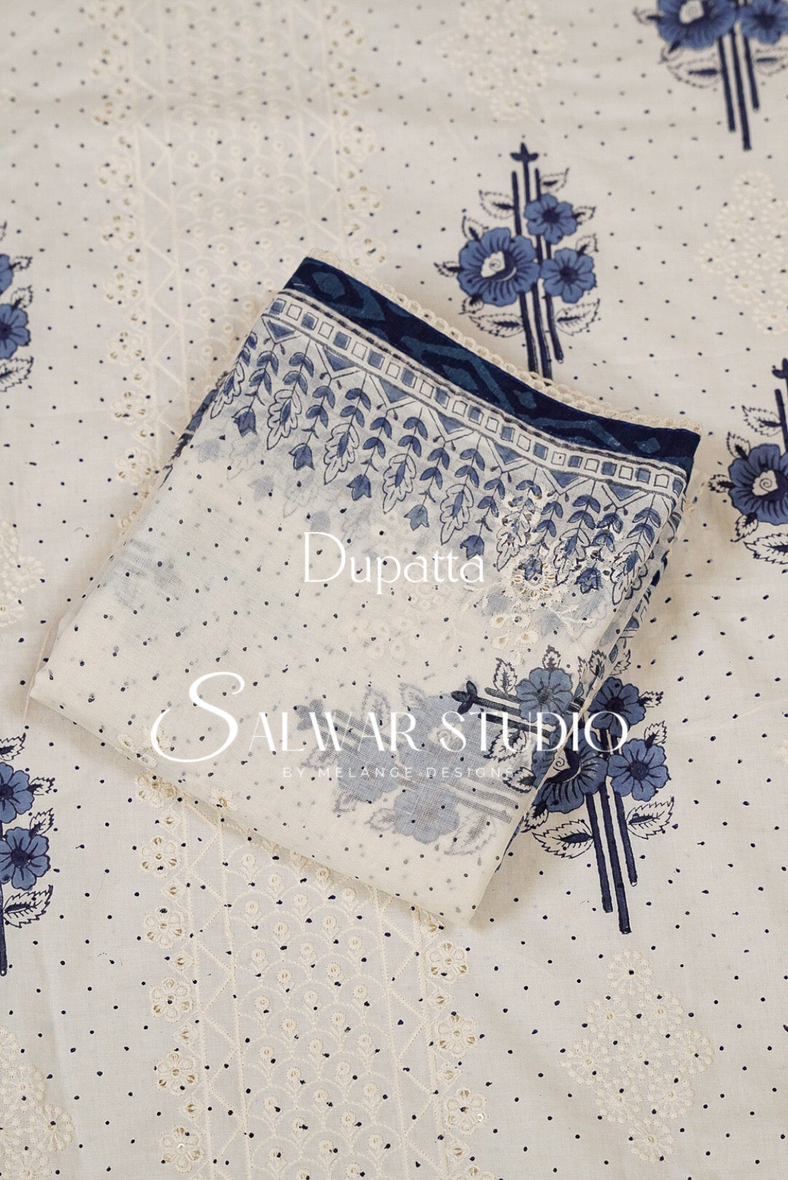Cotton Embroidery Unstitched Salwar Suit Material White and Blue Dupatta.