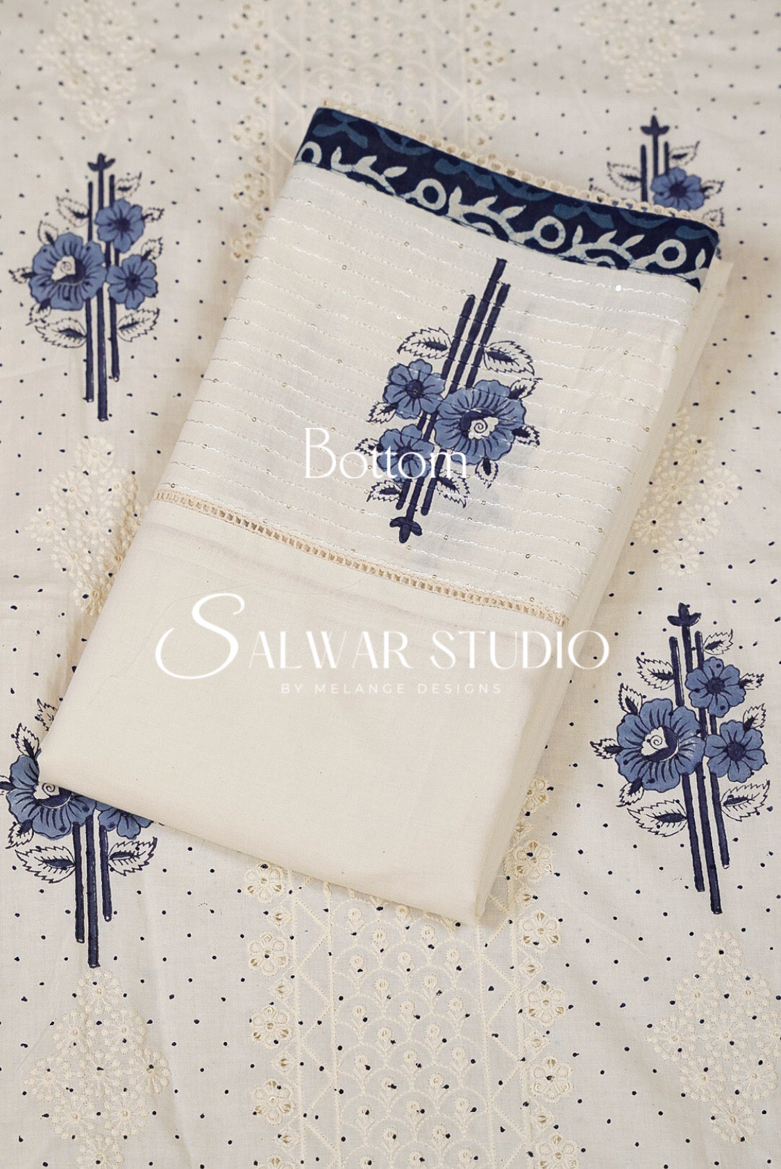 Cotton Embroidery Unstitched Salwar Suit Material White and Blue  Bottom