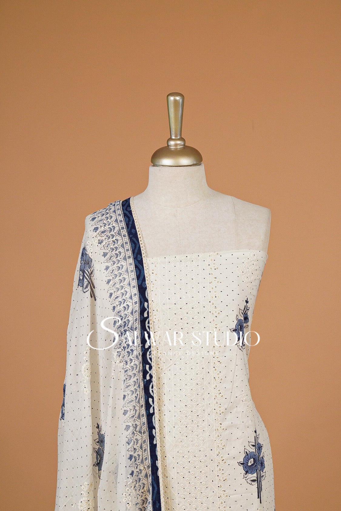 Cotton Embroidery Unstitched Salwar Suit Material White and Blue  Close View.