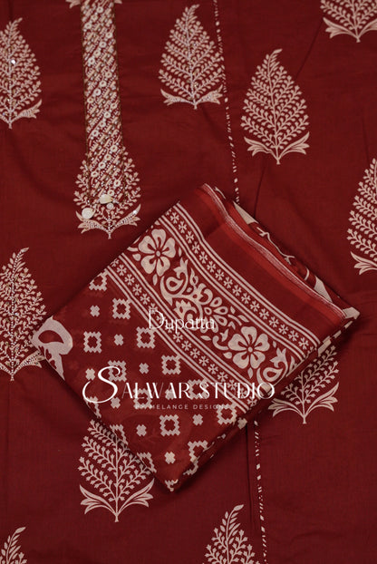 Cotton Embroidery Unstitched Salwar Suit Dress Material Classic Maroon AC0231