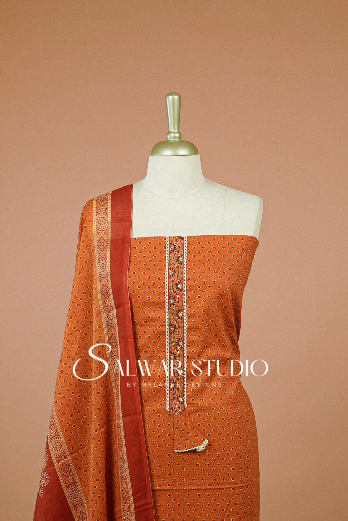 Cotton Embroidery Unstitched Salwar Suit Dress Material Orange AC0301