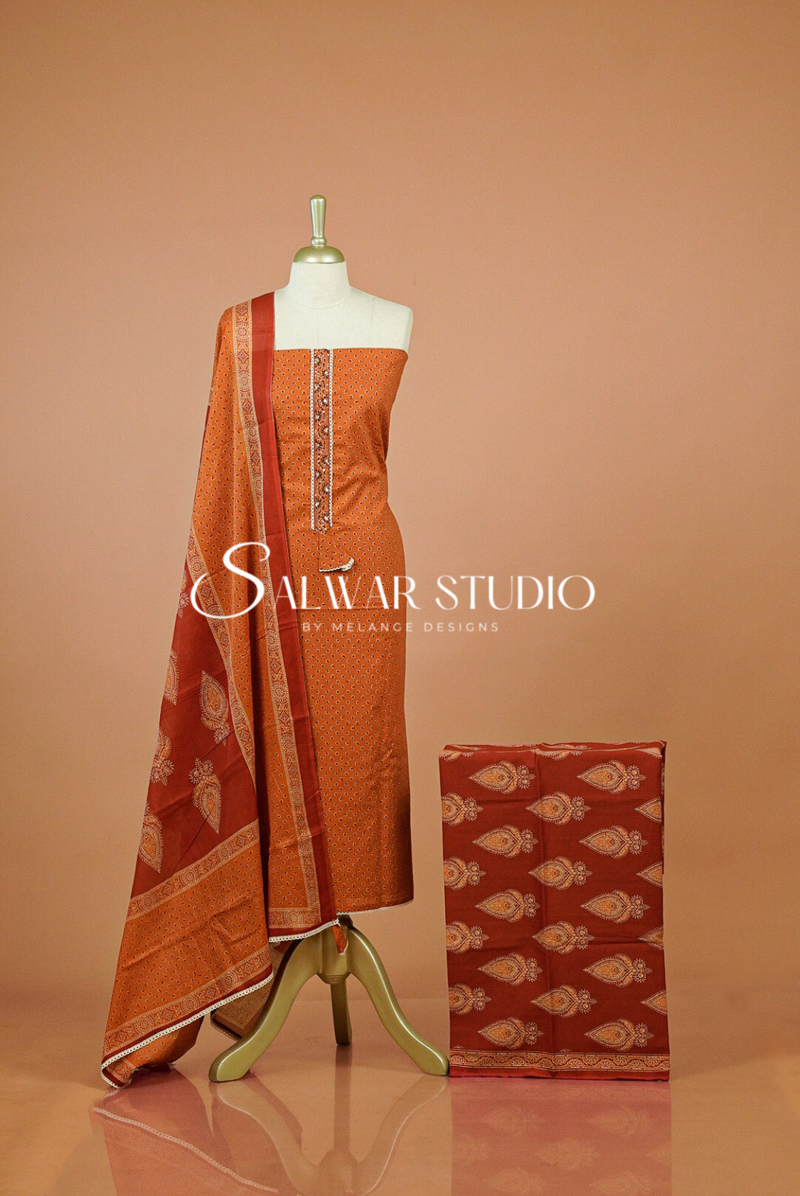 Cotton Embroidery Unstitched Salwar Suit Dress Material Orange AC0301