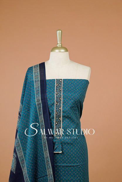 Cotton Embroidery Unstitched Salwar Suit Dress Material Teal Blue AC0302