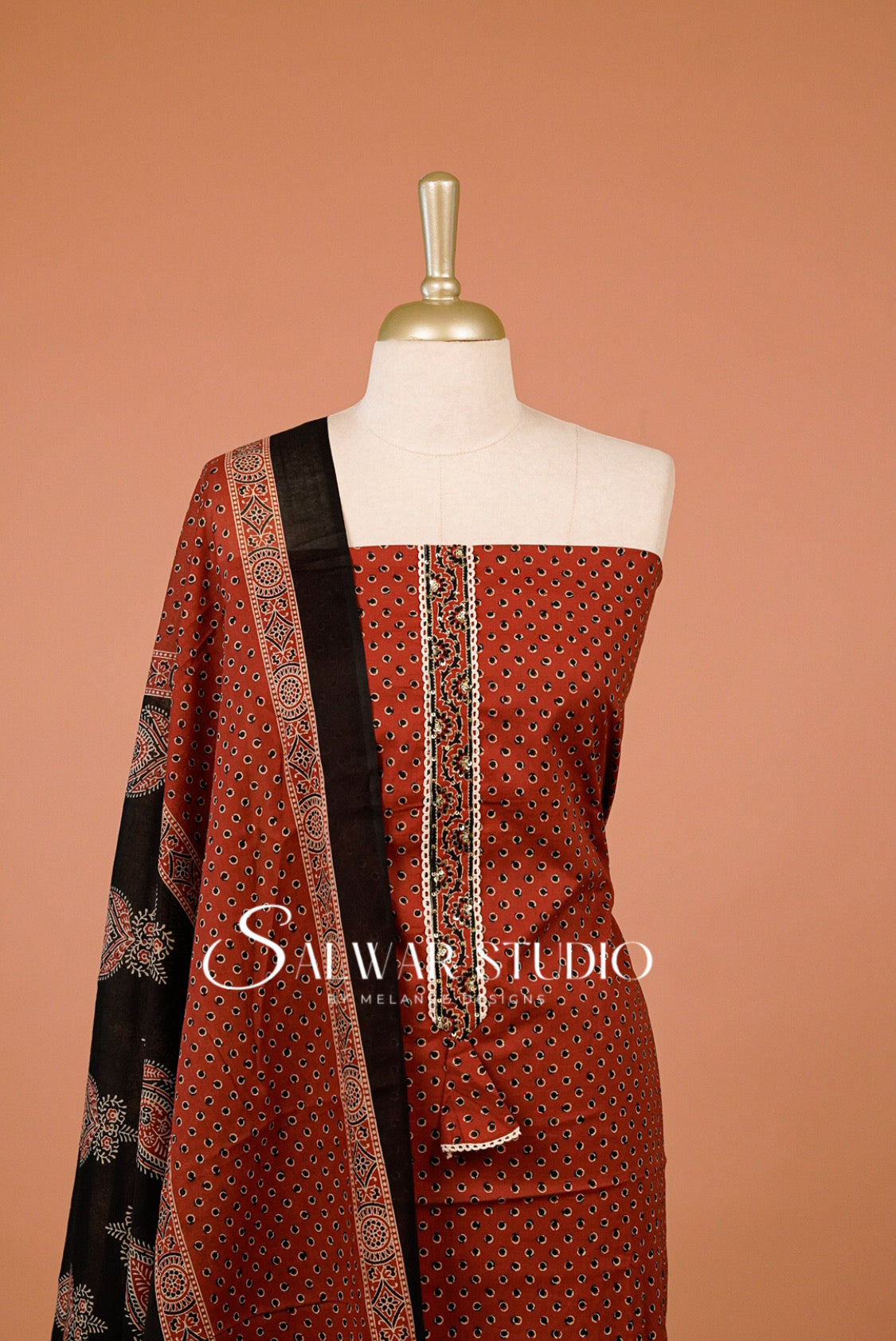 Cotton Embroidery Unstitched Salwar Suit Dress Material Rust Red AC0303