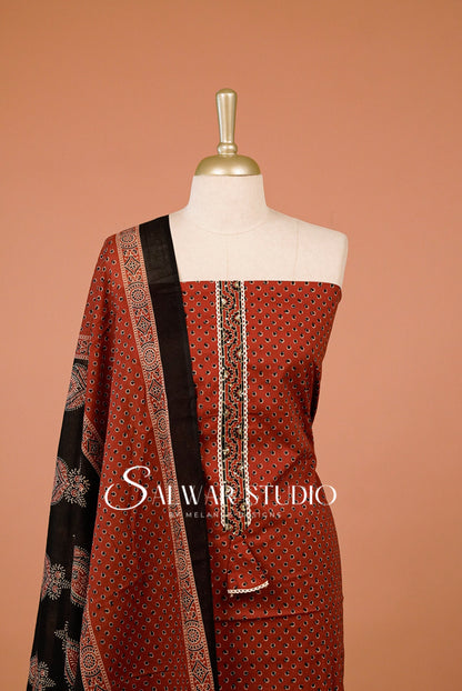 Cotton Embroidery Unstitched Salwar Suit Dress Material Rust Red AC0303