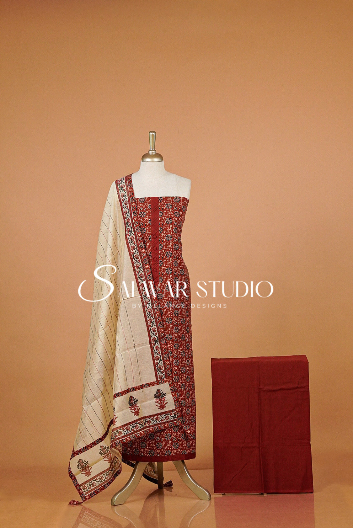 Cotton Embroidery Unstitched Salwar Suit Material Rust Red.