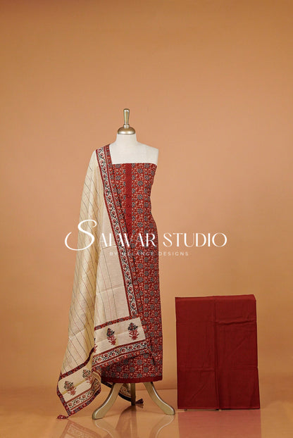 Cotton Embroidery Unstitched Salwar Suit Material Rust Red.