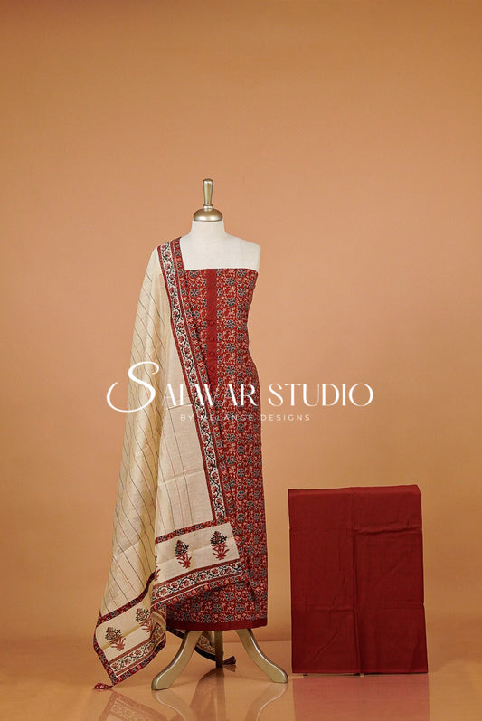 Cotton Embroidery Unstitched Salwar Suit Material Rust Red.