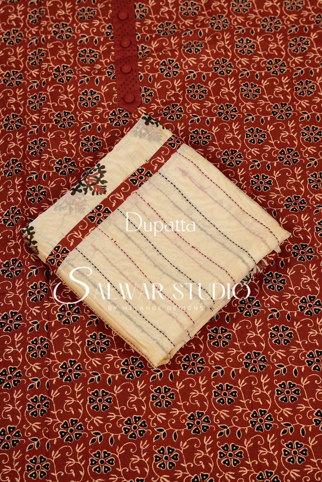 Cotton Embroidery Unstitched Salwar Suit Material Rust Red Dupatta.