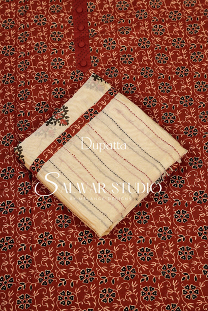Cotton Embroidery Unstitched Salwar Suit Material Rust Red Dupatta.