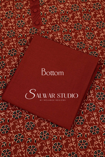 Cotton Embroidery Unstitched Salwar Suit Material Rust Red Bottom.