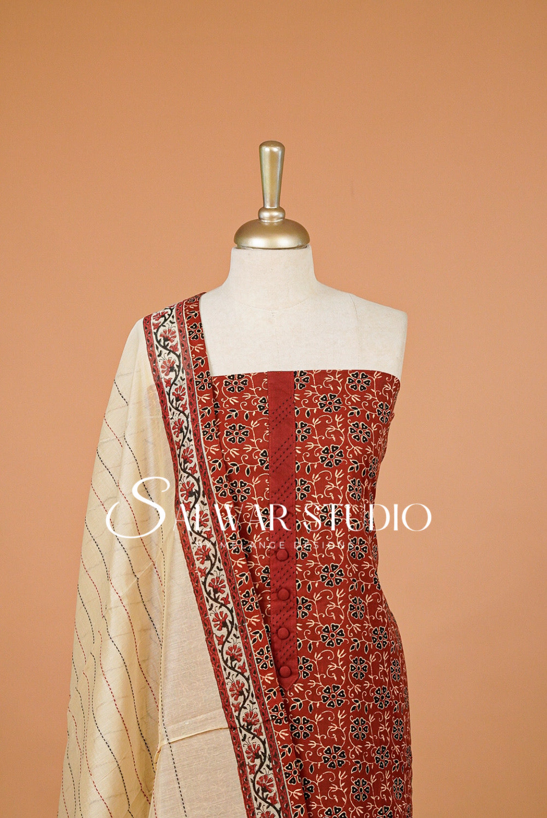 Cotton Embroidery Unstitched Salwar Suit Material Rust Red Clos View.