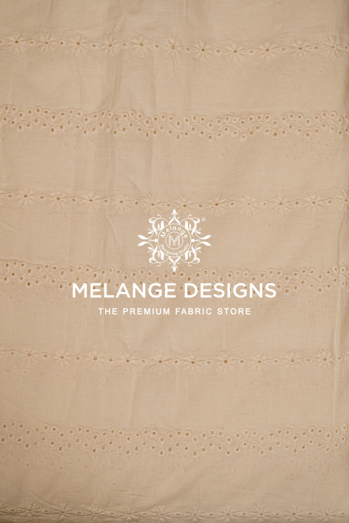 Beige cotton Cotton Hacoba Fabric Dyeable with horizontal eyelet embroidery .