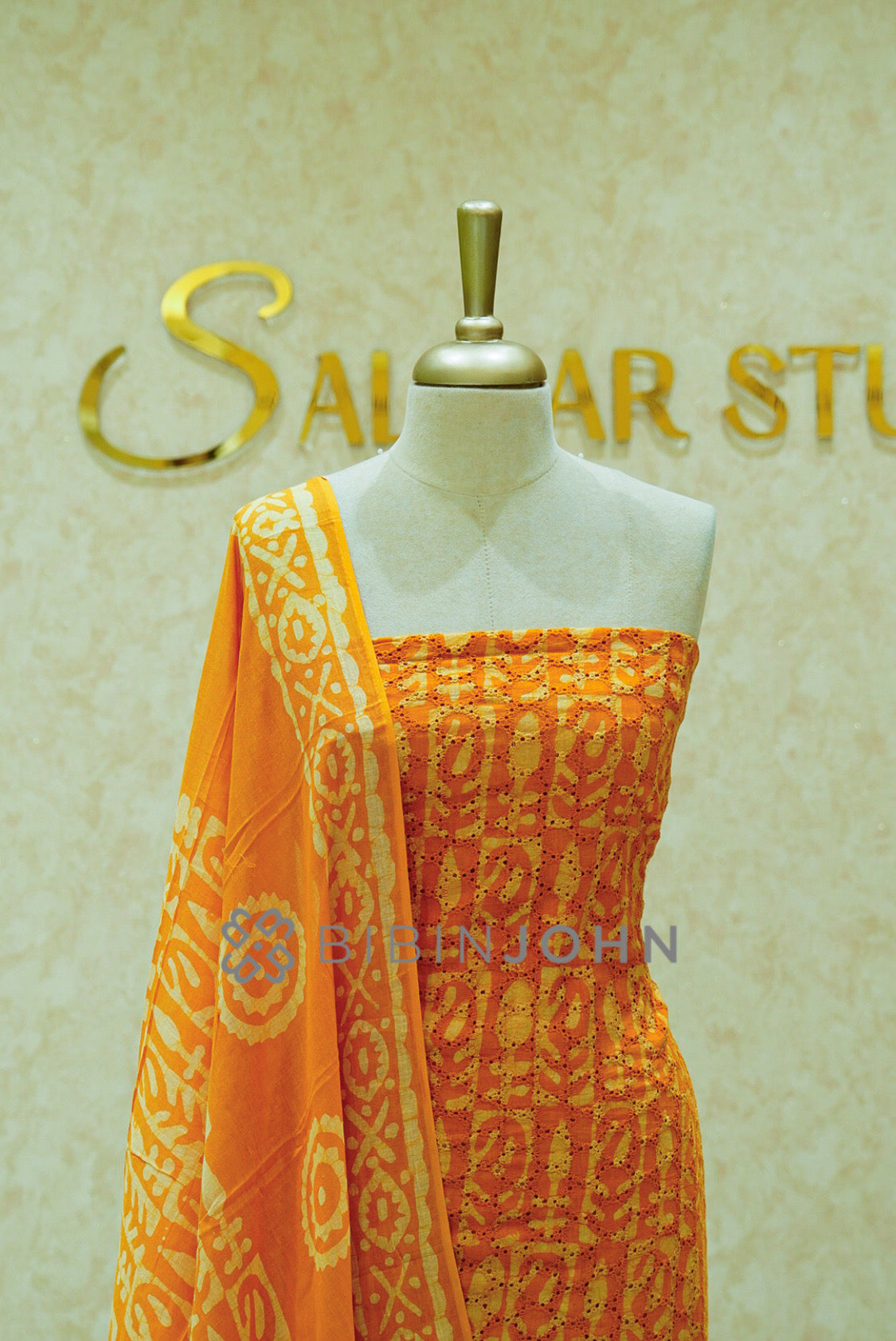 Cotton Hakoba Unstitched Salwar Suit Material Saffron Orange CLOSE VIEW