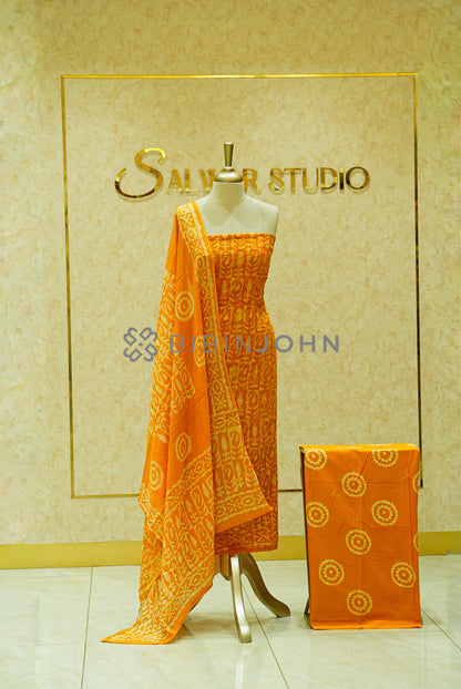 Cotton Hakoba Unstitched Salwar Suit Material Saffron Orange 