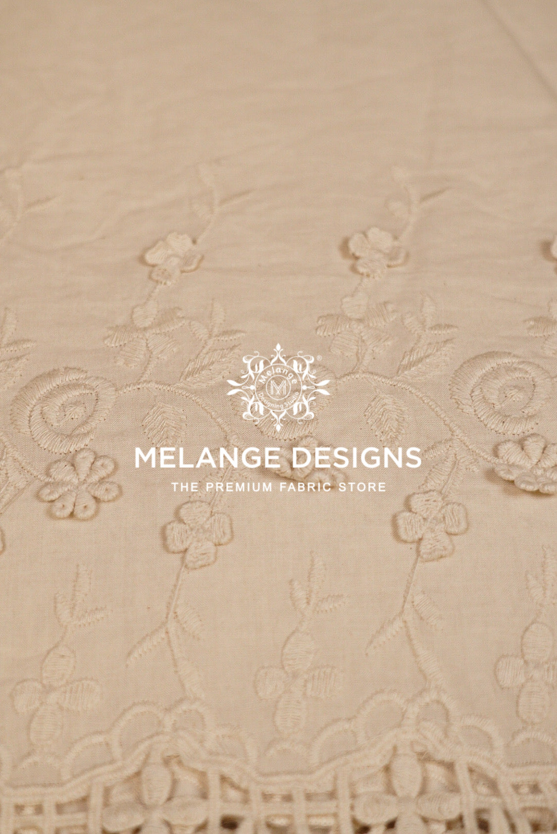Beige floral embroidered Cotton Plazzo Fabric Dyeable with a scalloped lace border.