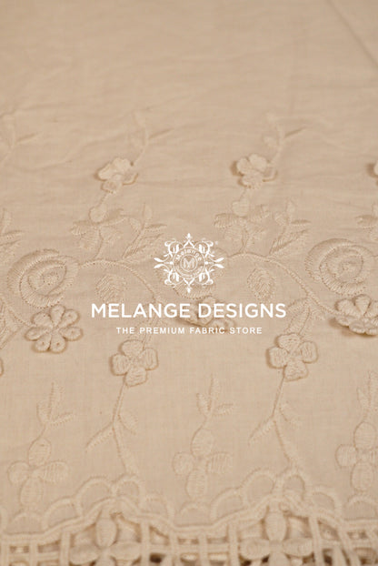 Beige floral embroidered Cotton Plazzo Fabric Dyeable with a scalloped lace border.