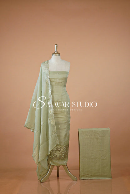 Crushed Organza Cutwork Unstitched Salwar Suit Material Sage Green.