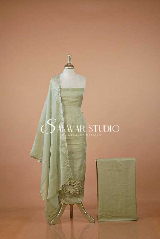 Crushed Organza Cutwork Unstitched Salwar Suit Material Sage Green.