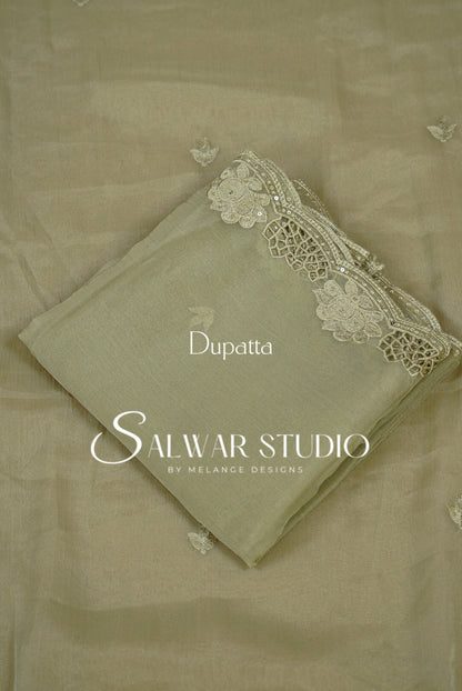 Crushed Organza Cutwork Unstitched Salwar Suit Material Sage Green Dupatta.