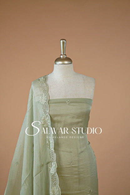 Crushed Organza Cutwork Unstitched Salwar Suit Material Sage Green Close View.