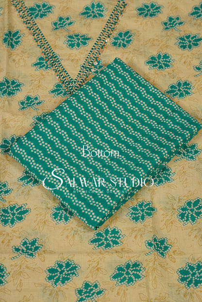 Cotton Embroidery Unstitched Salwar suit Dress Material Warm Cream With Turkish Blue AC0190