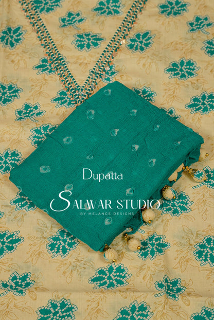 Cotton Embroidery Unstitched Salwar suit Dress Material Warm Cream With Turkish Blue AC0190