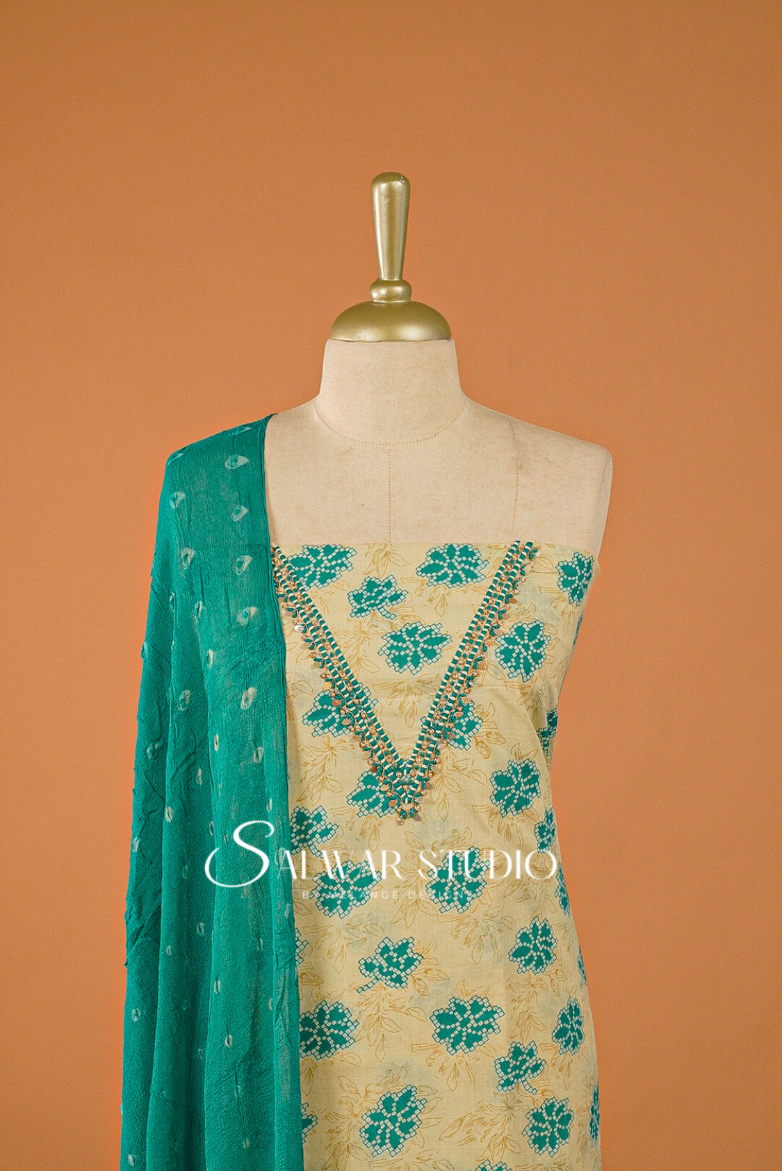 Cotton Embroidery Unstitched Salwar suit Dress Material Warm Cream With Turkish Blue AC0190