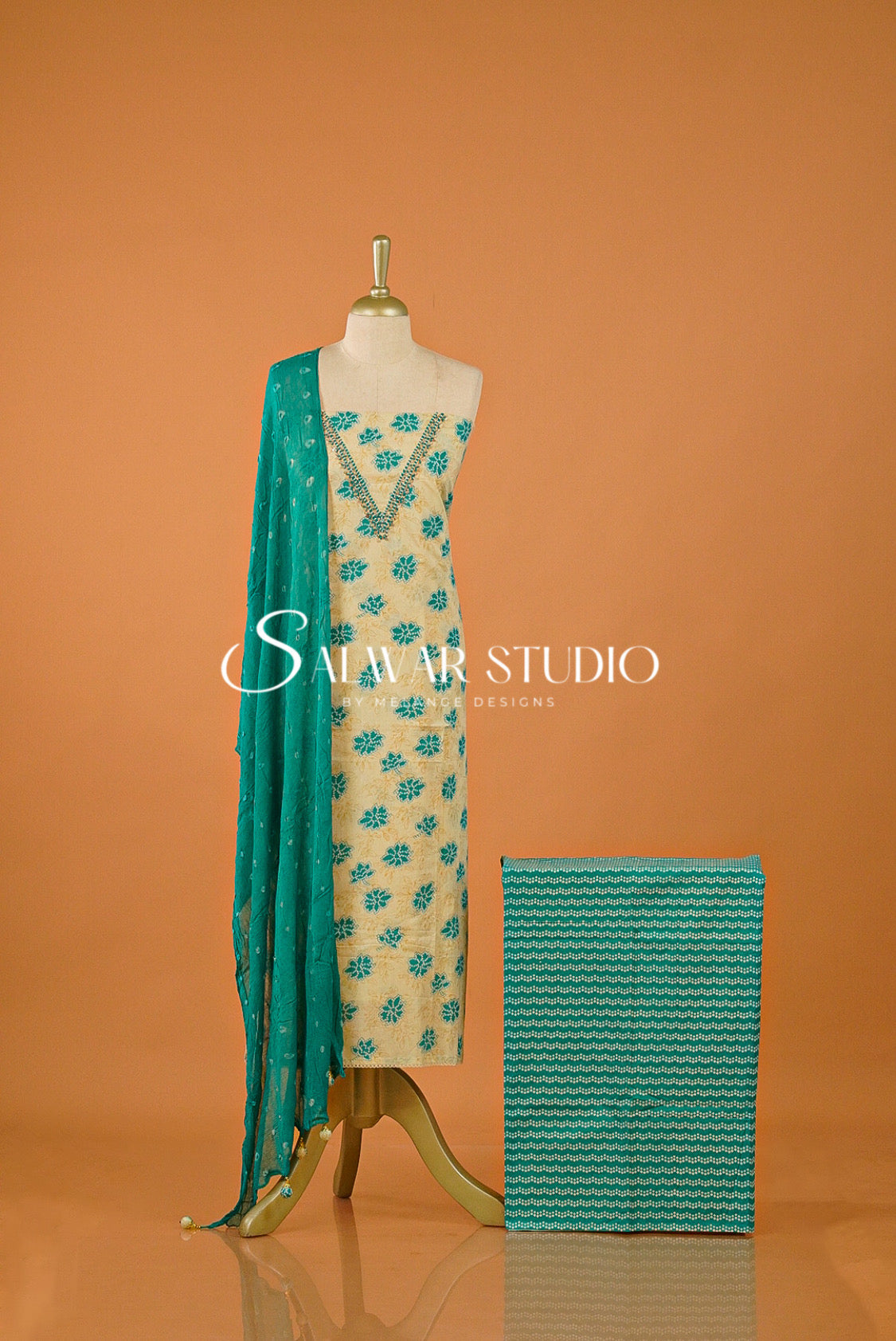 Cotton Embroidery Unstitched Salwar suit Dress Material Warm Cream With Turkish Blue AC0190