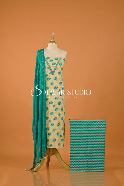 Cotton Embroidery Unstitched Salwar suit Dress Material Warm Cream With Turkish Blue AC0190