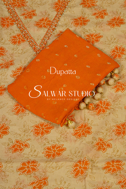Cotton Embroidery Unstitched Salwar suit Dress Material Warm Cream With Orange AC0191