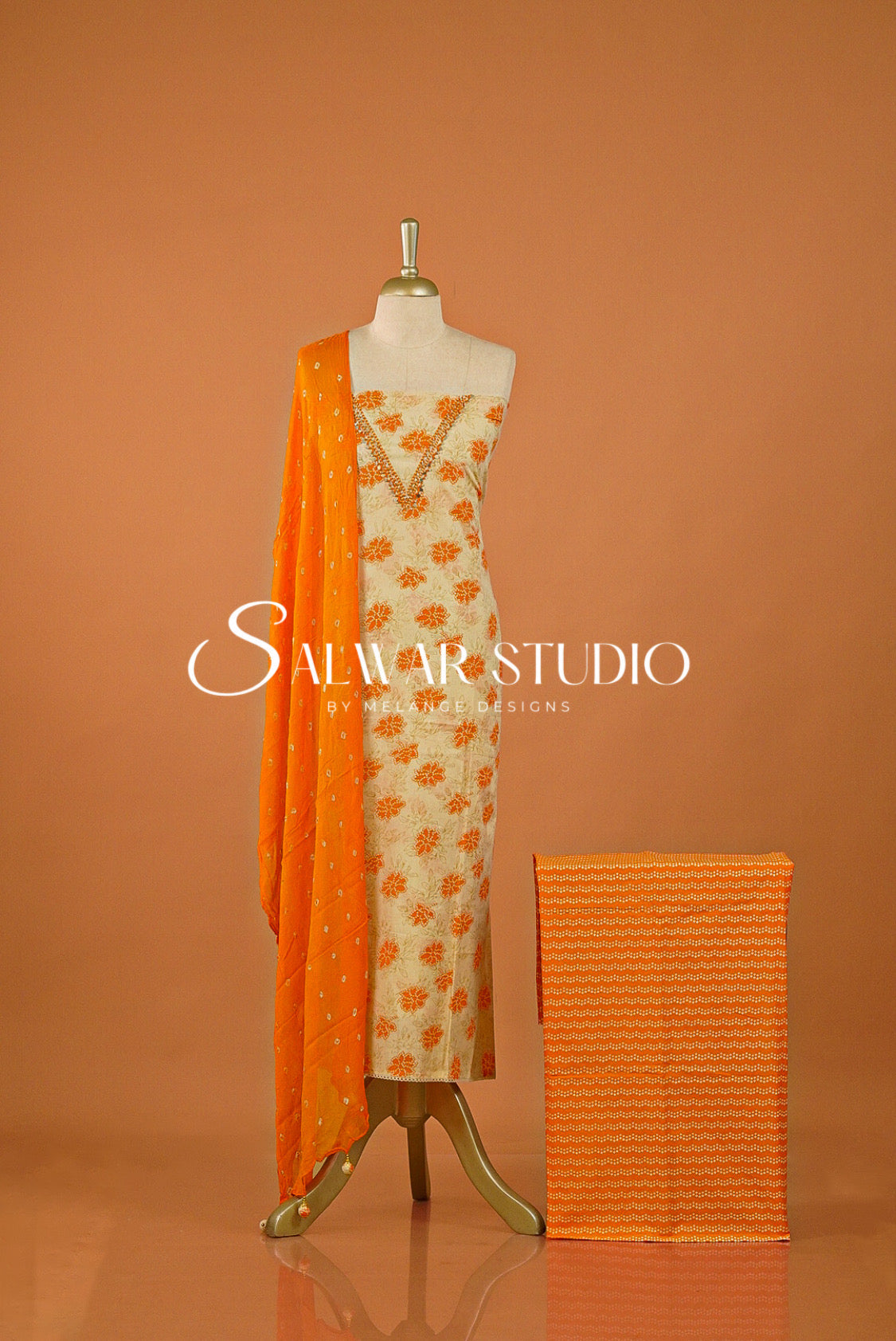 Cotton Embroidery Unstitched Salwar suit Dress Material Warm Cream With Orange AC0191