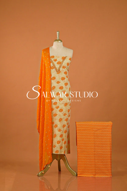 Cotton Embroidery Unstitched Salwar suit Dress Material Warm Cream With Orange AC0191