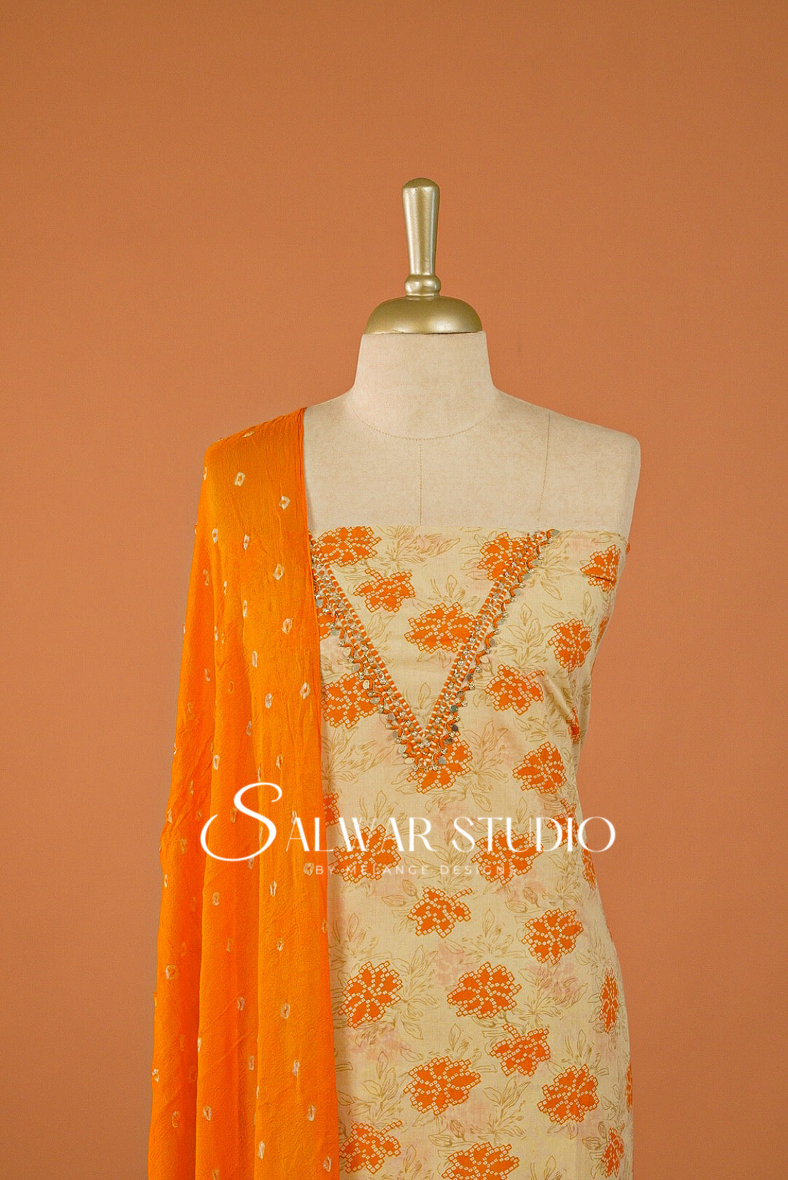 Cotton Embroidery Unstitched Salwar suit Dress Material Warm Cream With Orange AC0191
